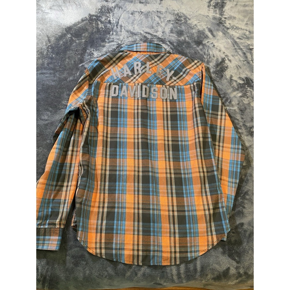 Harley Davidson Men M Performance Plaid Shirt Long Sleeve Orange Blue Back Logo - Picture 8 of 9